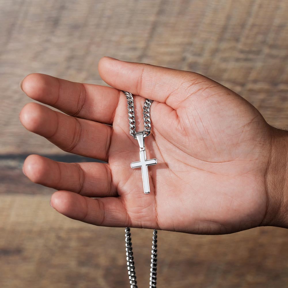 Cuban Link Chain with Engraved Artisan Cross : Men's Faith Luke