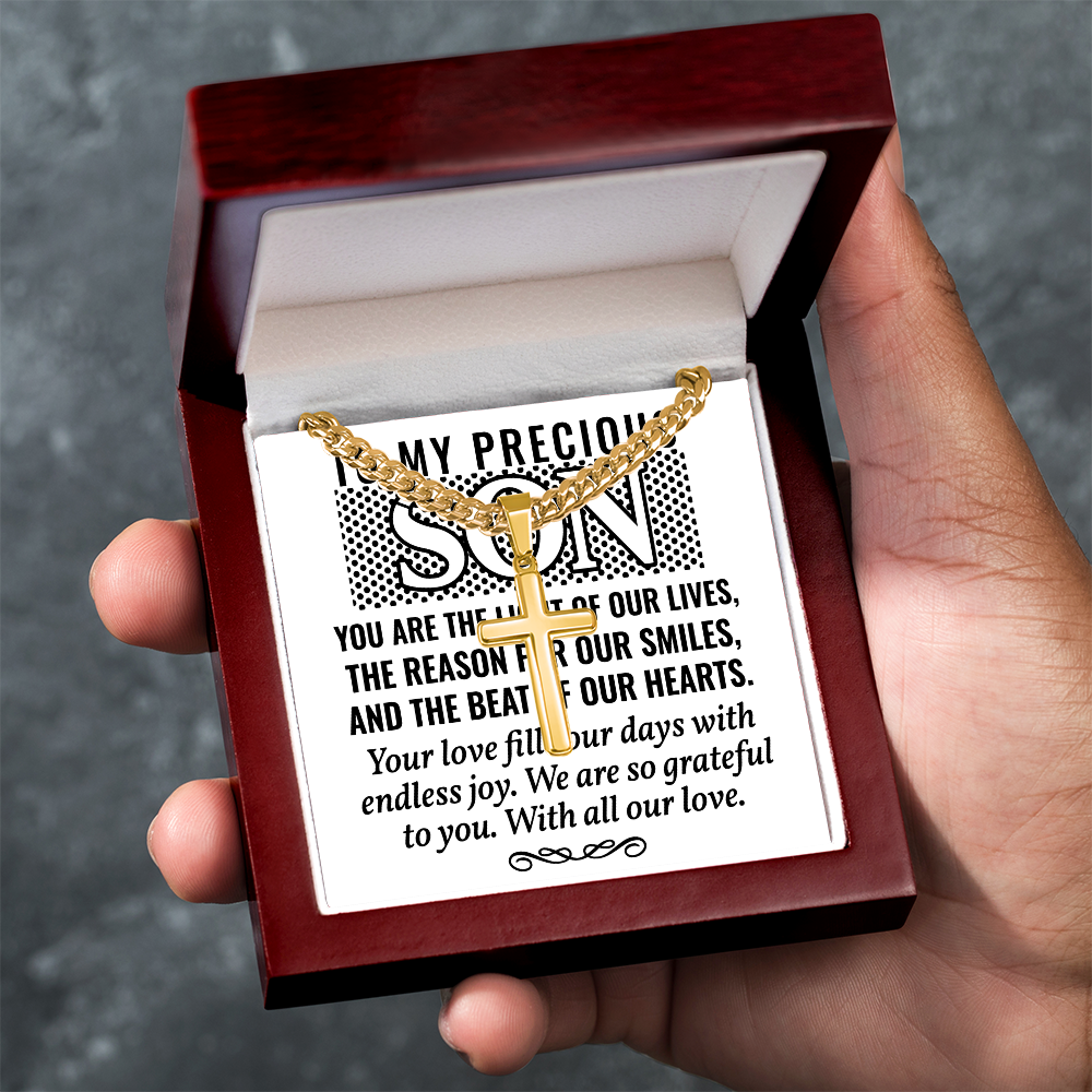 Artisan Cross with Cuban Link Chain: To My Precious Son