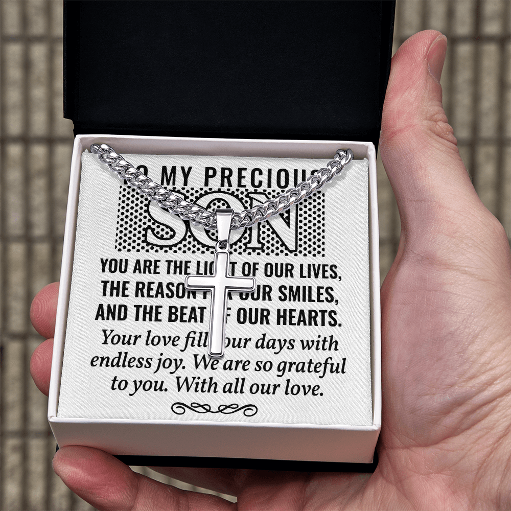 Artisan Cross with Cuban Link Chain: To My Precious Son