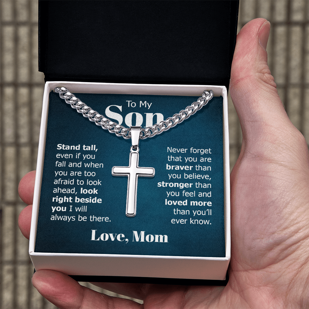 Artisan Cross with Cuban Link Chain:To My Son Love Mom