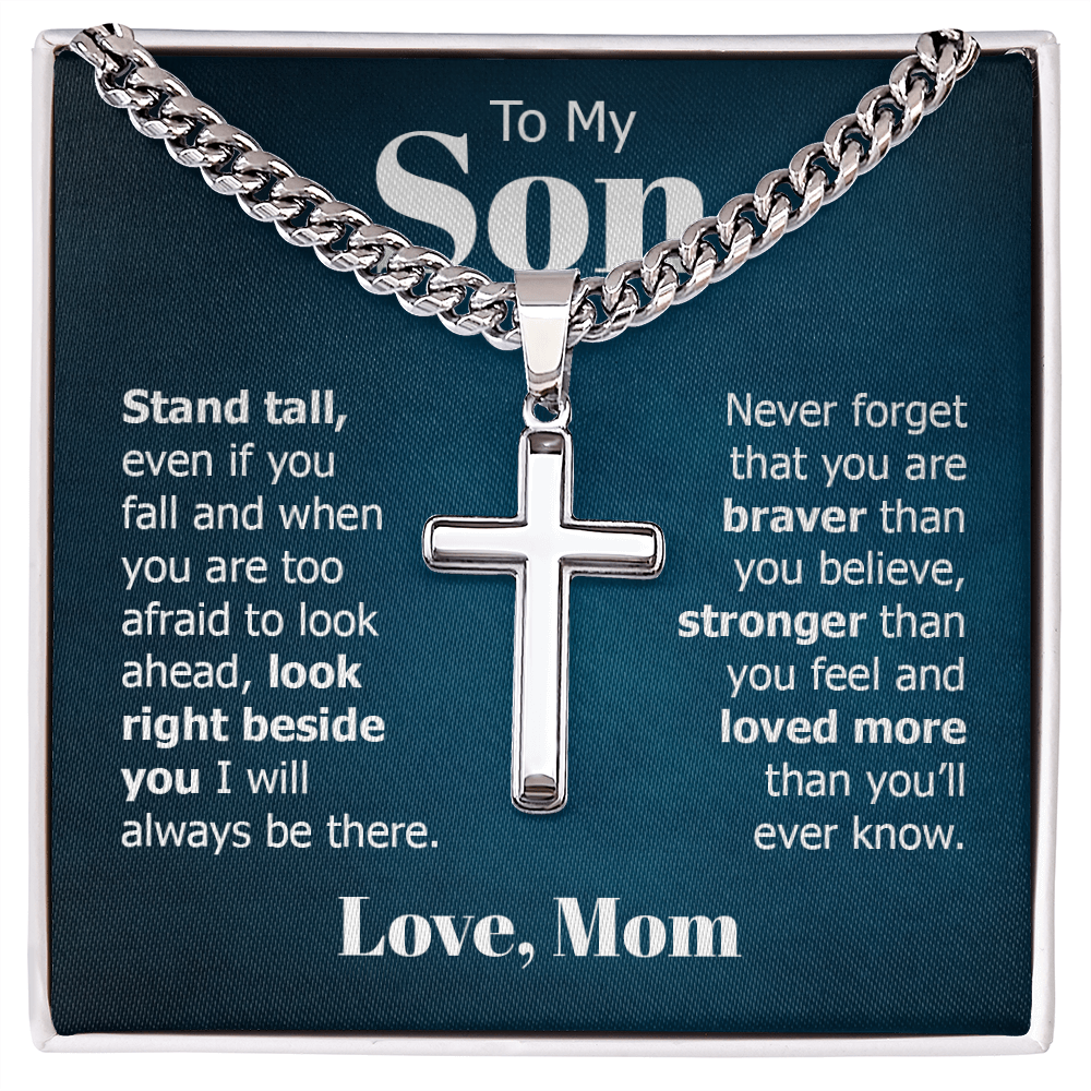 Artisan Cross with Cuban Link Chain:To My Son Love Mom