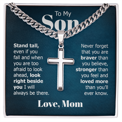 Artisan Cross with Cuban Link Chain:To My Son Love Mom