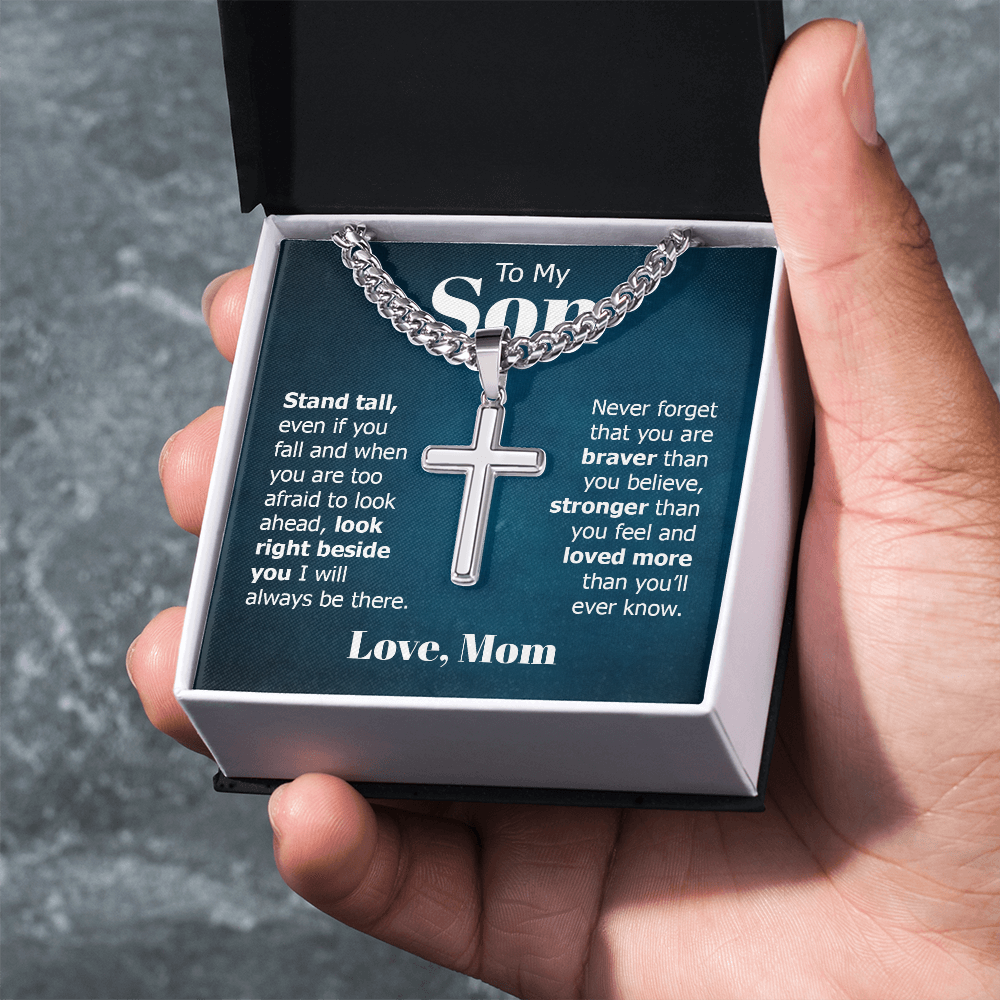 Artisan Cross with Cuban Link Chain:To My Son Love Mom
