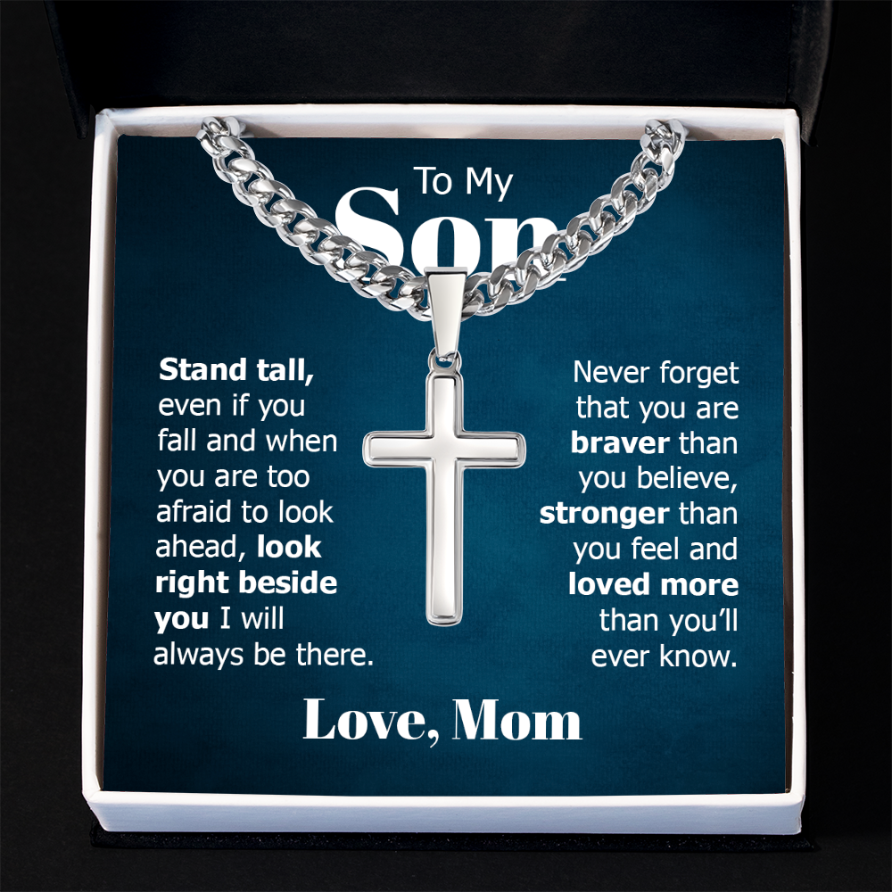 Artisan Cross with Cuban Link Chain:To My Son Love Mom