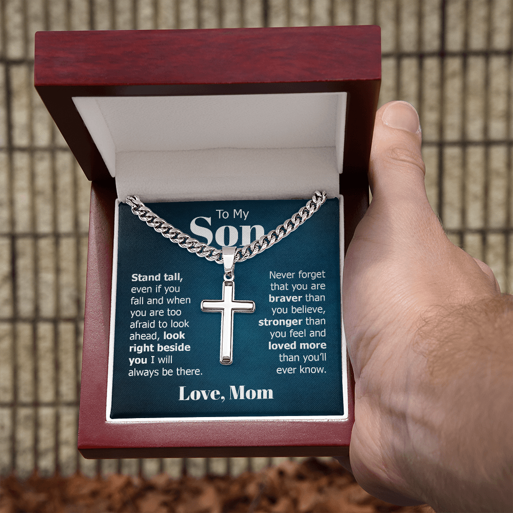 Artisan Cross with Cuban Link Chain:To My Son Love Mom