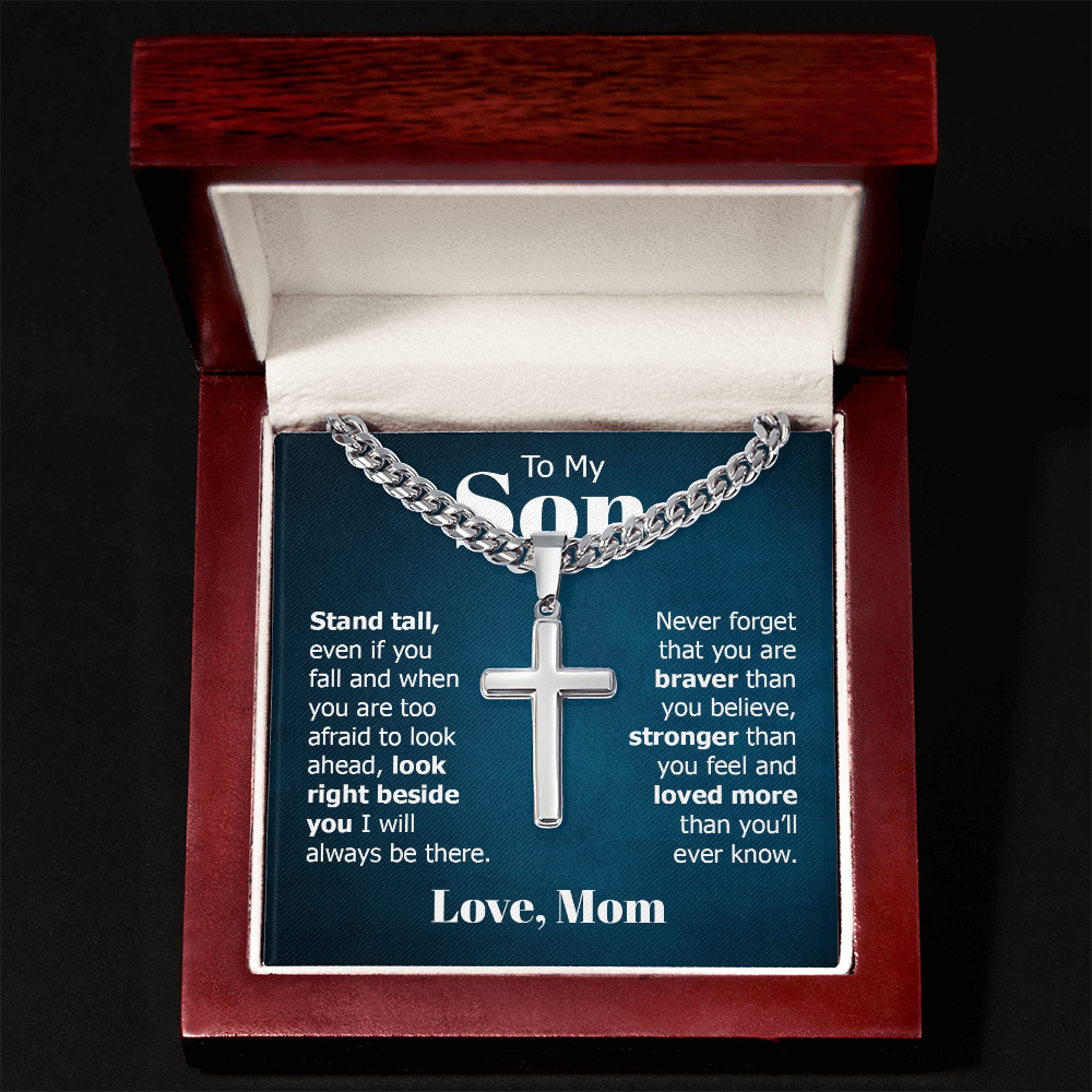 Artisan Cross with Cuban Link Chain:To My Son Love Mom