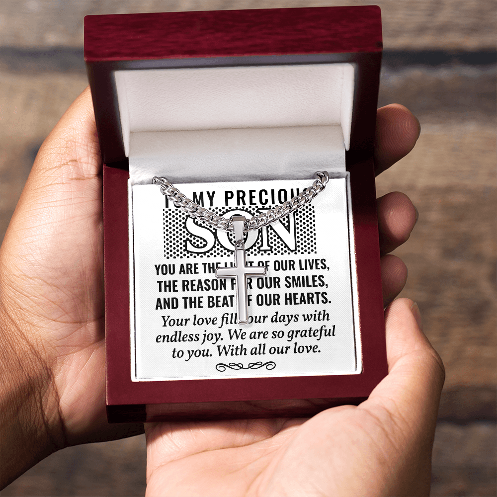 Artisan Cross with Cuban Link Chain: To My Precious Son