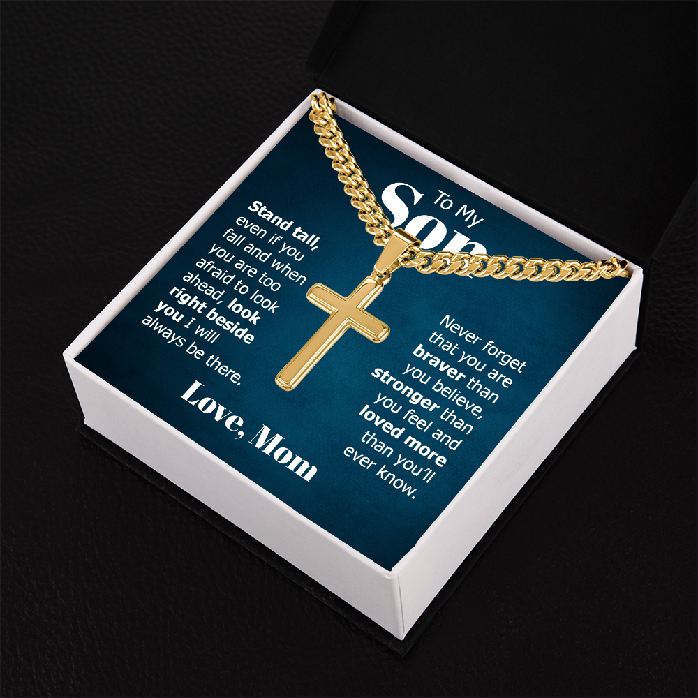 Artisan Cross with Cuban Link Chain:To My Son Love Mom