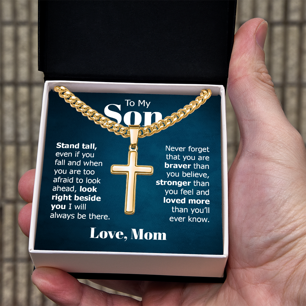 Artisan Cross with Cuban Link Chain:To My Son Love Mom
