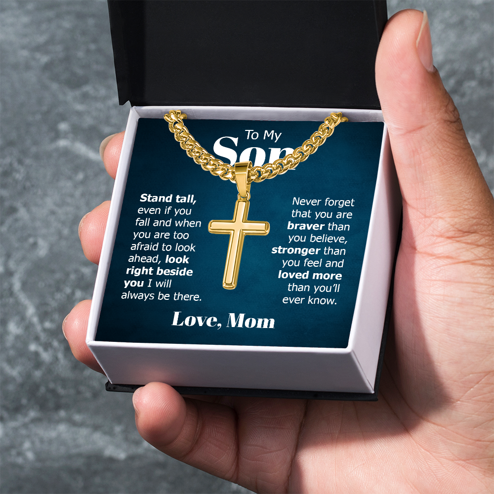 Artisan Cross with Cuban Link Chain:To My Son Love Mom