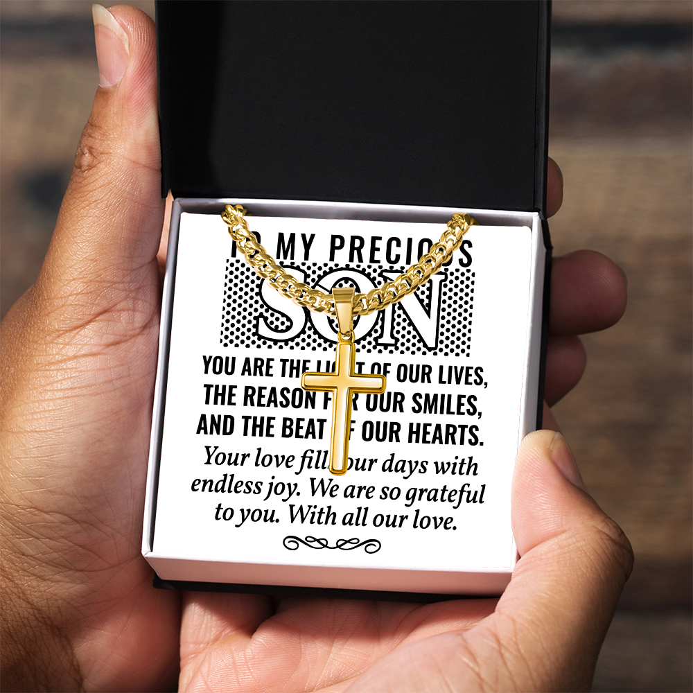 Artisan Cross with Cuban Link Chain: To My Precious Son