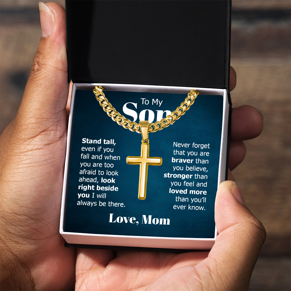 Artisan Cross with Cuban Link Chain:To My Son Love Mom