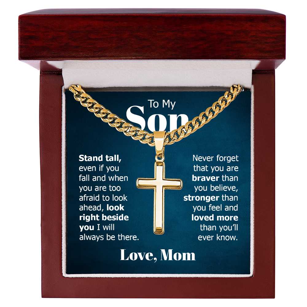Artisan Cross with Cuban Link Chain:To My Son Love Mom